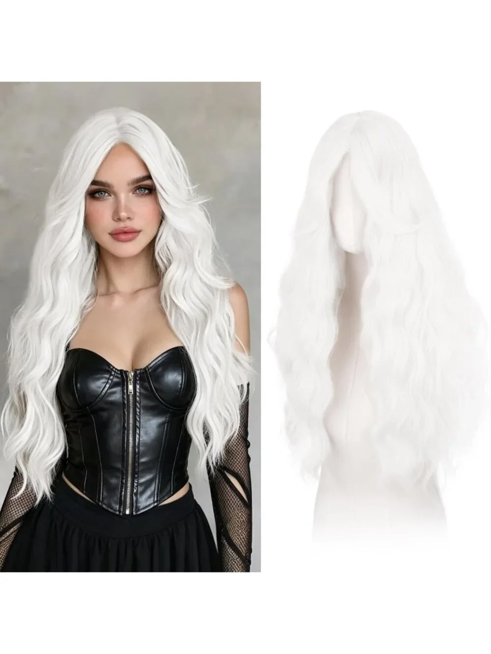 Women's White 26 Inch Heat Resistant Curtain Bangs Long Wavy Wigs